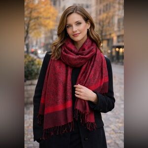 Cashmere/Silk Paisley Red Scarf/ Shawl with Fringe.